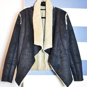COZY CHIC BB Dakota Faux Shearling Suede Drape Fall Winter Jacket Black S-M